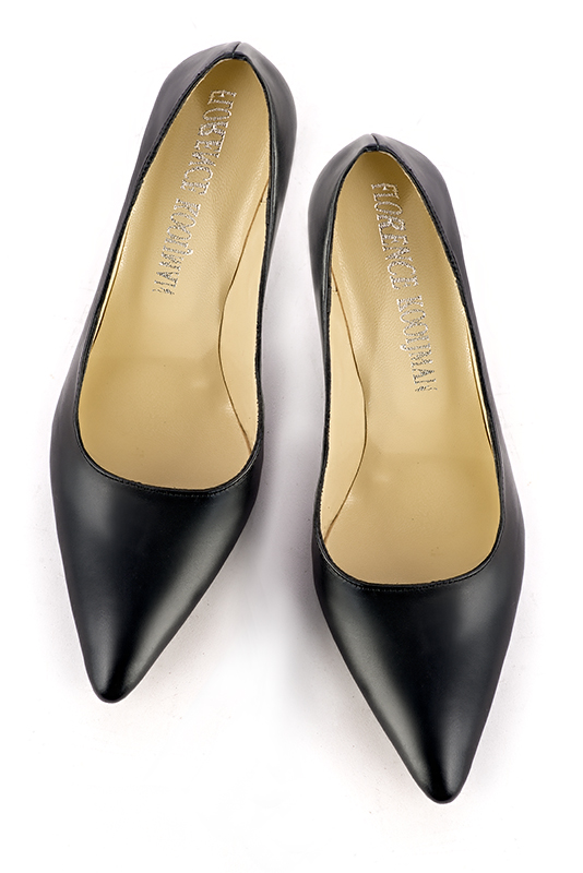 Satin black women's dress pumps,with a square neckline. Tapered toe. High comma heels. Top view - Florence KOOIJMAN